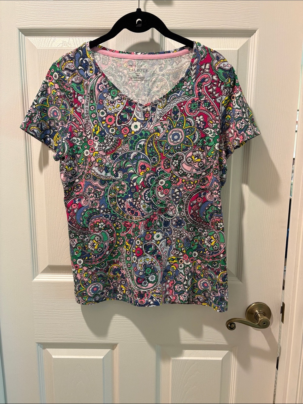 Talbots V-Neck Paisley Print Tee - Pink & Green